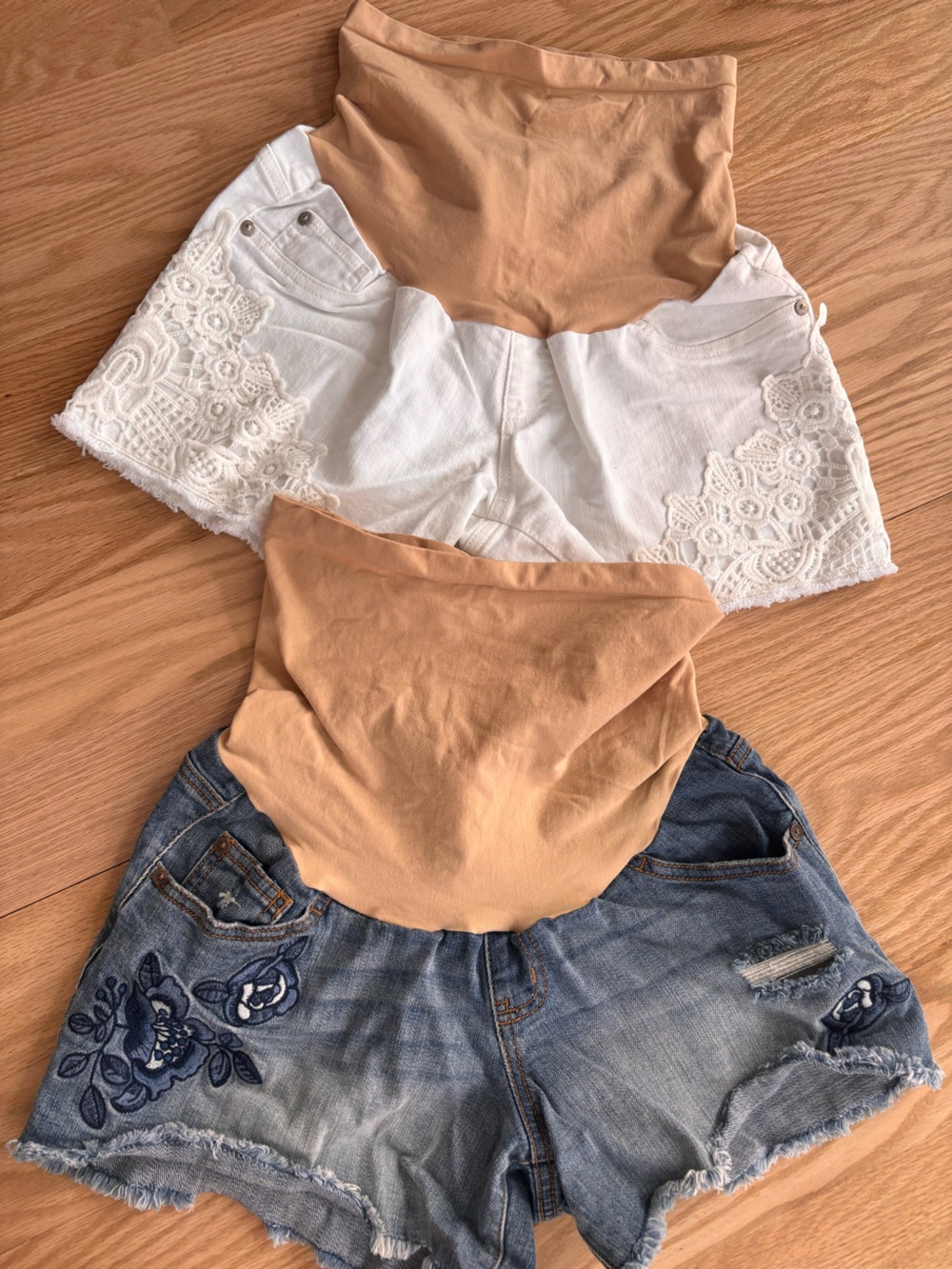 Indigo Blue White Lace & Denim Maternity Shorts with Beige Panel